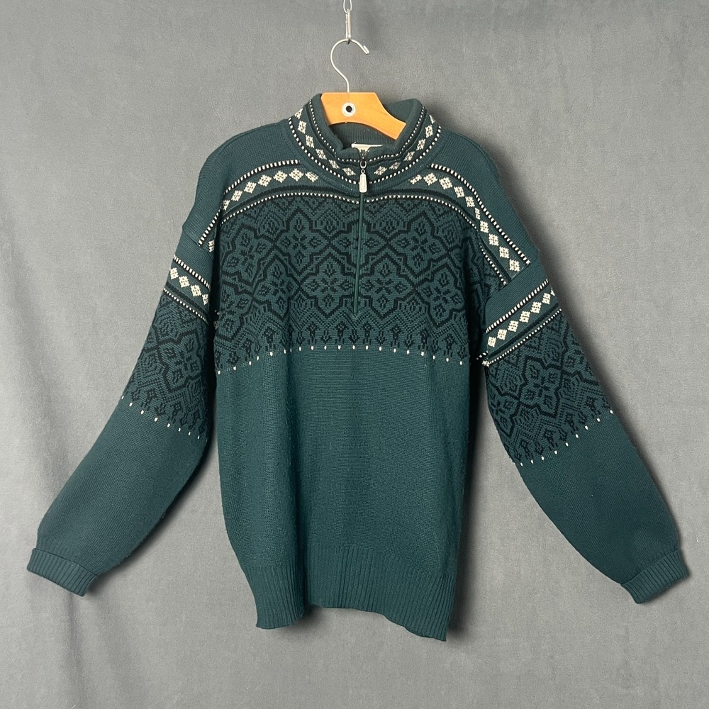 Vintage 80s Meister 1/4 Zip Nordic Ski Sweater Green Wool Blend Pullover Large